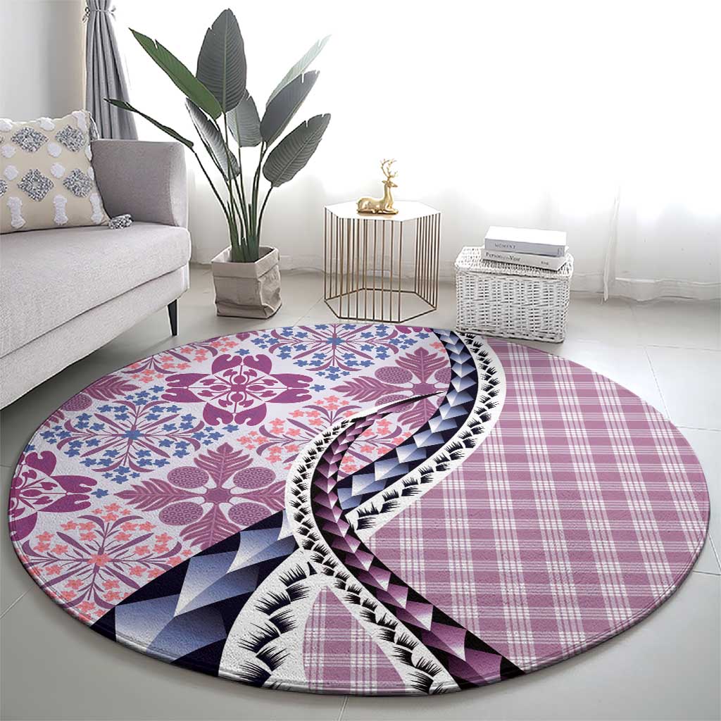 Aloha Vintage Palaka Floral Hawaiian Quilt Round Carpet Akala Motif - Polynesian Pride