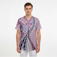 Aloha Vintage Palaka Floral Hawaiian Quilt Scrub Top Akala Motif - Polynesian Pride