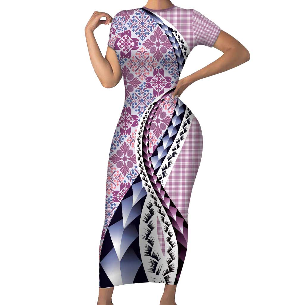 Aloha Vintage Palaka Floral Hawaiian Quilt Short Sleeve Bodycon Dress Akala Motif - Polynesian Pride