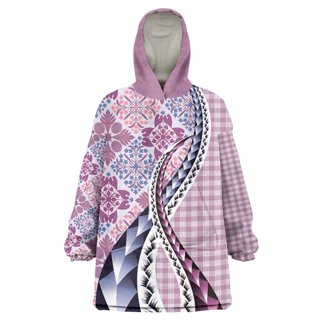 Aloha Vintage Palaka Floral Hawaiian Quilt Wearable Blanket Hoodie Akala Motif - Polynesian Pride