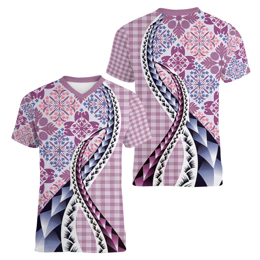 Aloha Vintage Palaka Floral Hawaiian Quilt Women V-Neck T-Shirt Akala Motif - Polynesian Pride