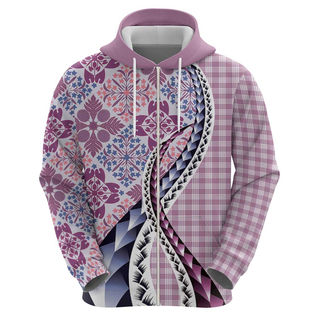 Aloha Vintage Palaka Floral Hawaiian Quilt Zip Hoodie Akala Motif - Polynesian Pride