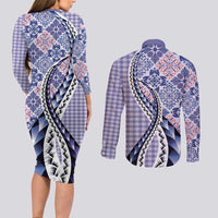 Aloha Vintage Palaka Floral Hawaiian Quilt Couples Matching Long Sleeve Bodycon Dress and Long Sleeve Button Shirt Poni Motif - Polynesian Pride