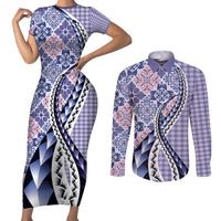 Aloha Vintage Palaka Floral Hawaiian Quilt Couples Matching Short Sleeve Bodycon Dress and Long Sleeve Button Shirt Poni Motif - Polynesian Pride