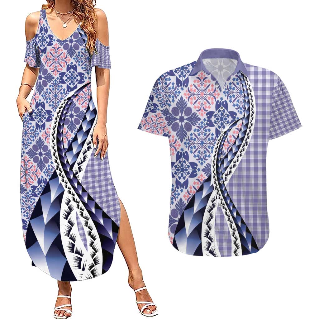 Aloha Vintage Palaka Floral Hawaiian Quilt Couples Matching Summer Maxi Dress and Hawaiian Shirt Poni Motif - Polynesian Pride