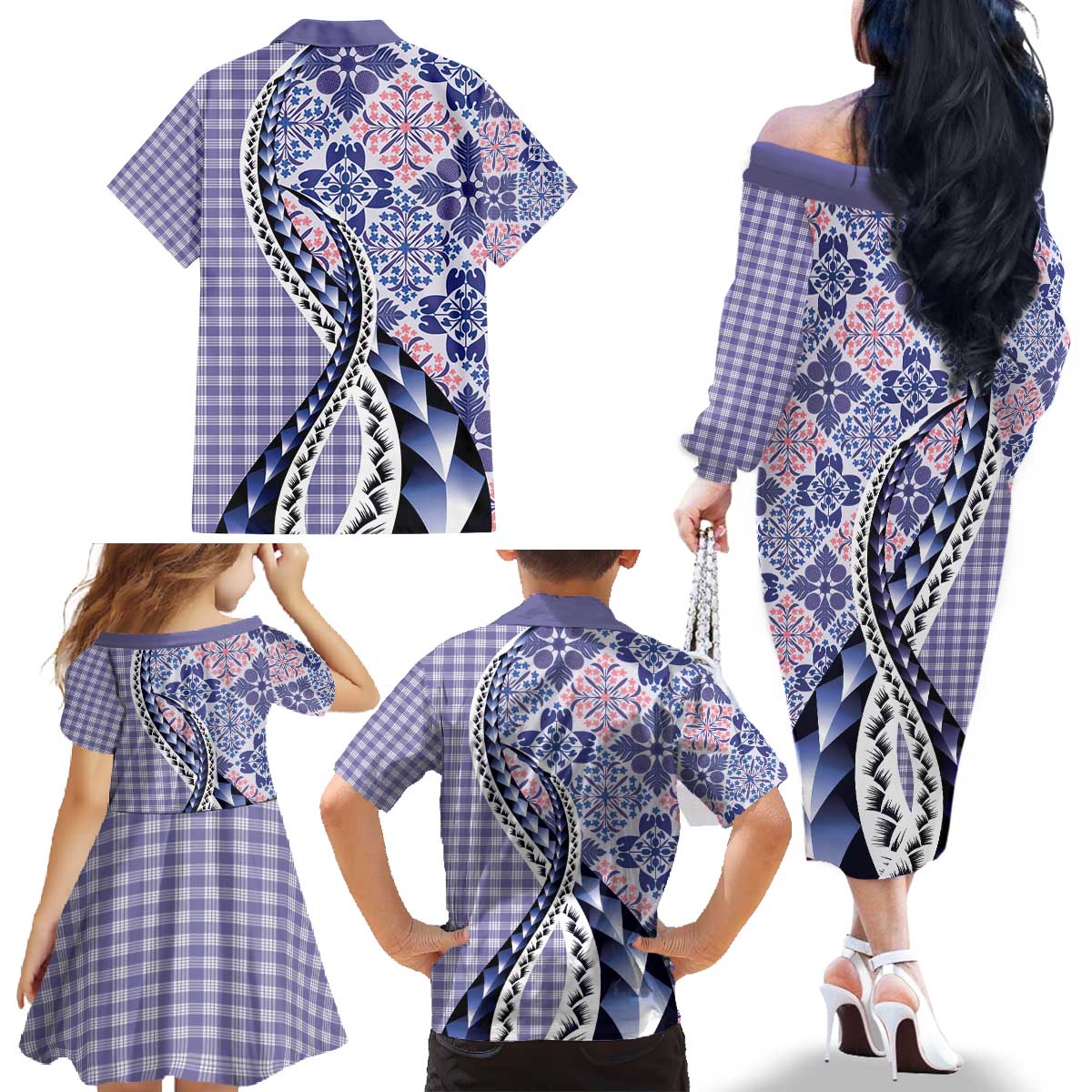 Aloha Vintage Palaka Floral Hawaiian Quilt Family Matching Off The Shoulder Long Sleeve Dress and Hawaiian Shirt Poni Motif - Polynesian Pride