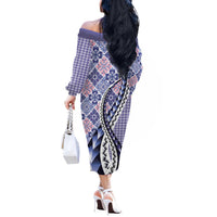 Aloha Vintage Palaka Floral Hawaiian Quilt Off The Shoulder Long Sleeve Dress Poni Motif - Polynesian Pride