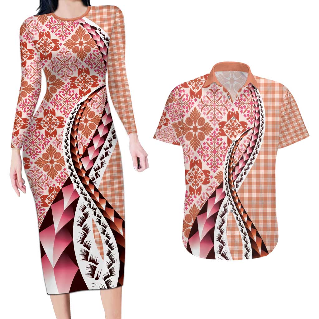 Aloha Vintage Palaka Floral Hawaiian Quilt Couples Matching Long Sleeve Bodycon Dress and Hawaiian Shirt Ulaula Motif - Polynesian Pride