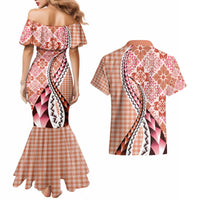 Aloha Vintage Palaka Floral Hawaiian Quilt Couples Matching Mermaid Dress and Hawaiian Shirt Ulaula Motif - Polynesian Pride