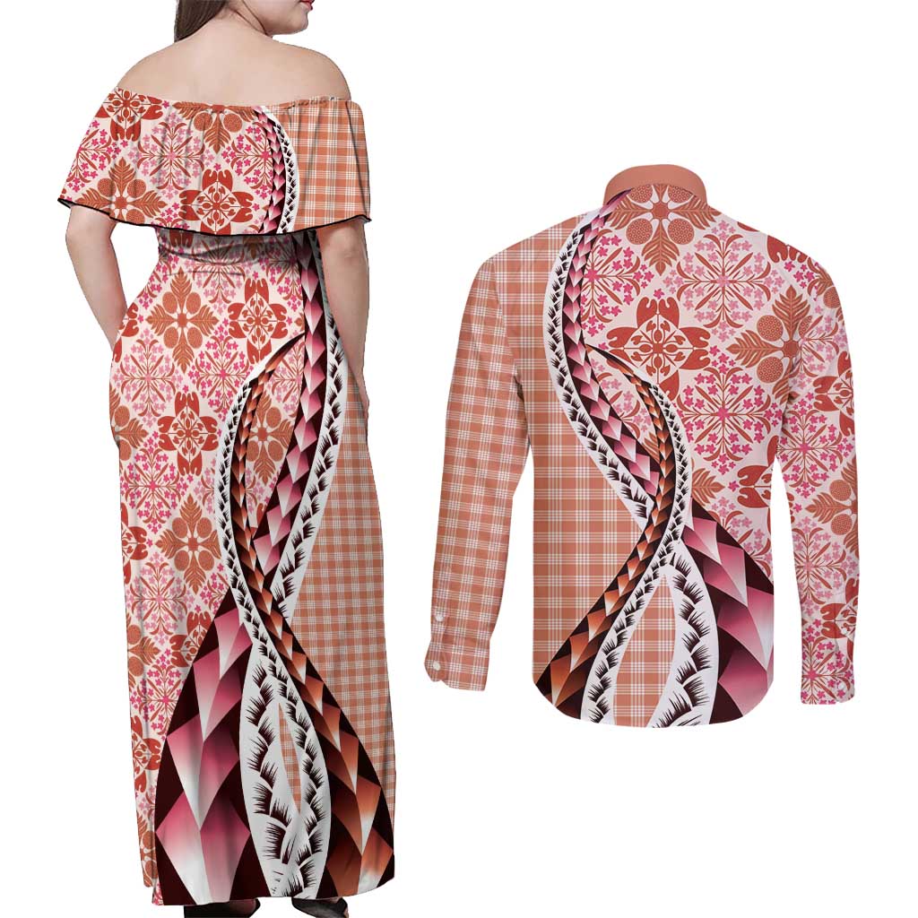 Aloha Vintage Palaka Floral Hawaiian Quilt Couples Matching Off Shoulder Maxi Dress and Long Sleeve Button Shirt Ulaula Motif - Polynesian Pride