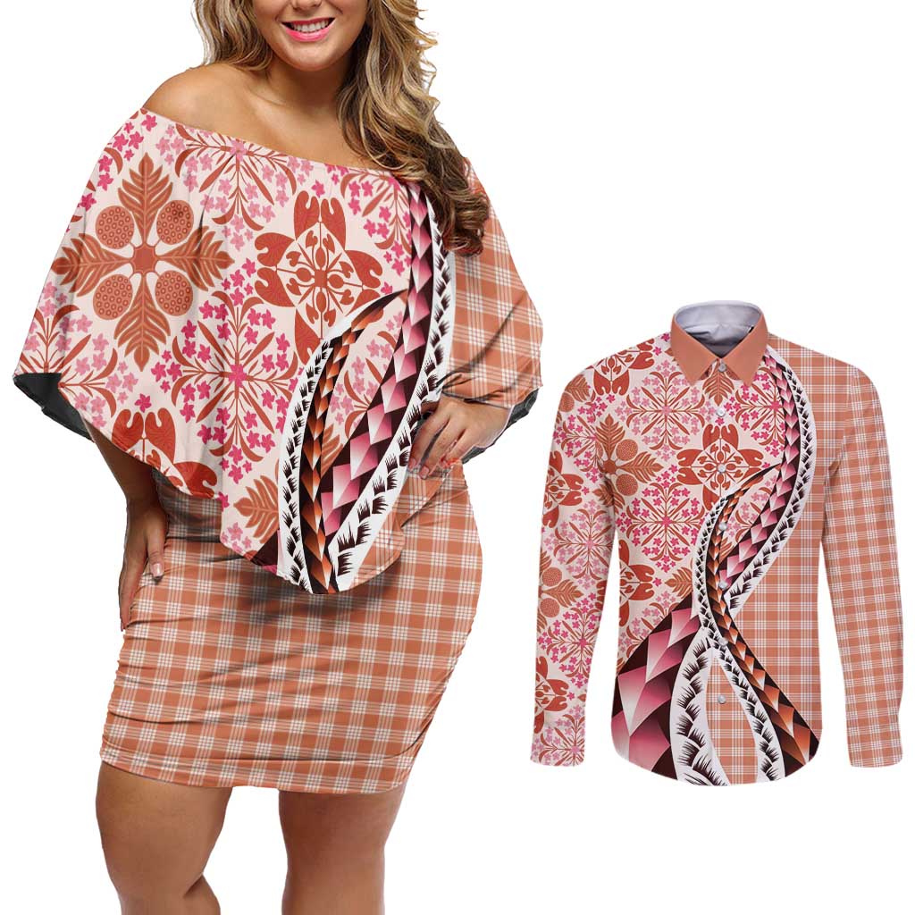 Aloha Vintage Palaka Floral Hawaiian Quilt Couples Matching Off Shoulder Short Dress and Long Sleeve Button Shirt Ulaula Motif - Polynesian Pride