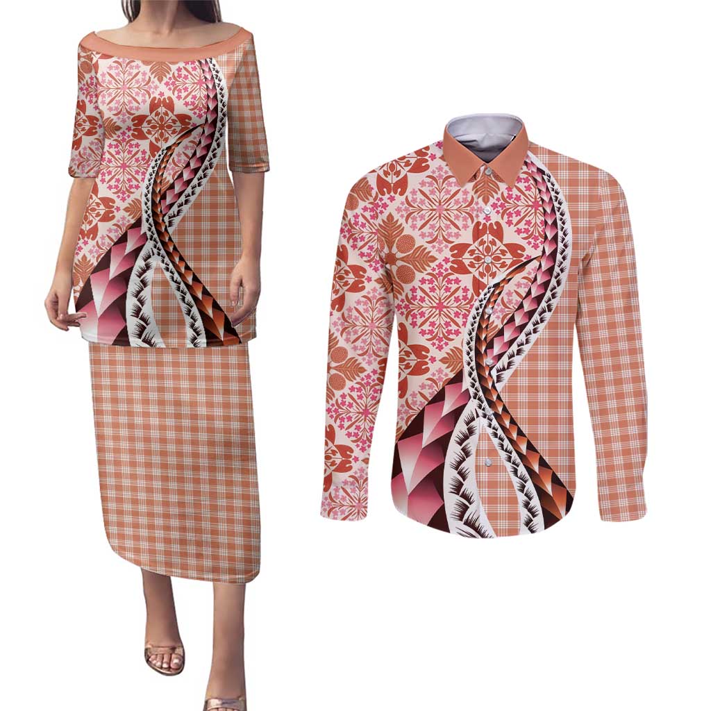 Aloha Vintage Palaka Floral Hawaiian Quilt Couples Matching Puletasi and Long Sleeve Button Shirt Ulaula Motif - Polynesian Pride