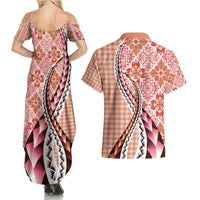 Aloha Vintage Palaka Floral Hawaiian Quilt Couples Matching Summer Maxi Dress and Hawaiian Shirt Ulaula Motif - Polynesian Pride