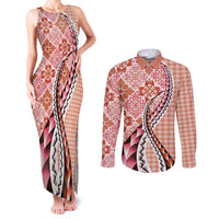 Aloha Vintage Palaka Floral Hawaiian Quilt Couples Matching Tank Maxi Dress and Long Sleeve Button Shirt Ulaula Motif - Polynesian Pride