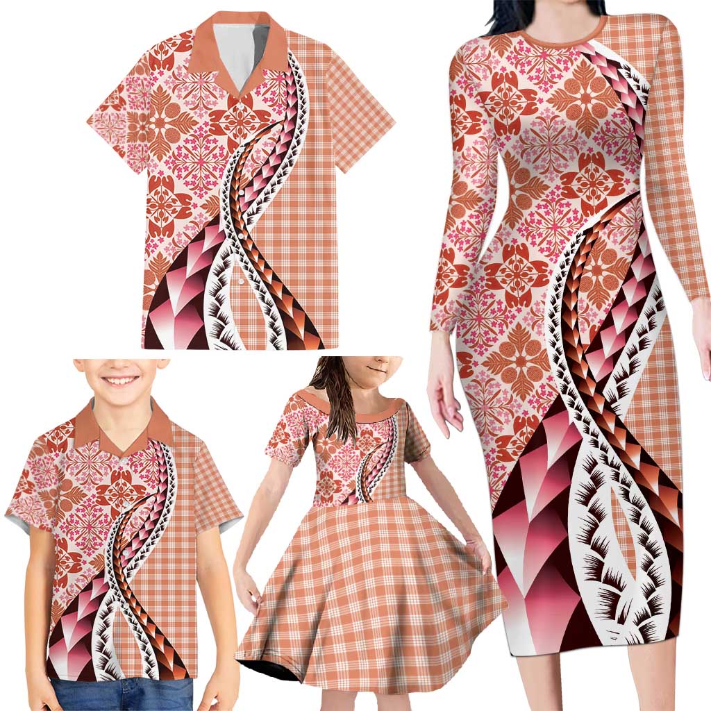 Aloha Vintage Palaka Floral Hawaiian Quilt Family Matching Long Sleeve Bodycon Dress and Hawaiian Shirt Ulaula Motif - Polynesian Pride