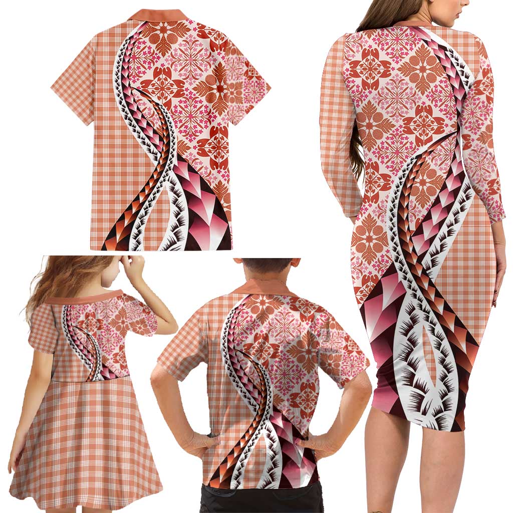 Aloha Vintage Palaka Floral Hawaiian Quilt Family Matching Long Sleeve Bodycon Dress and Hawaiian Shirt Ulaula Motif - Polynesian Pride