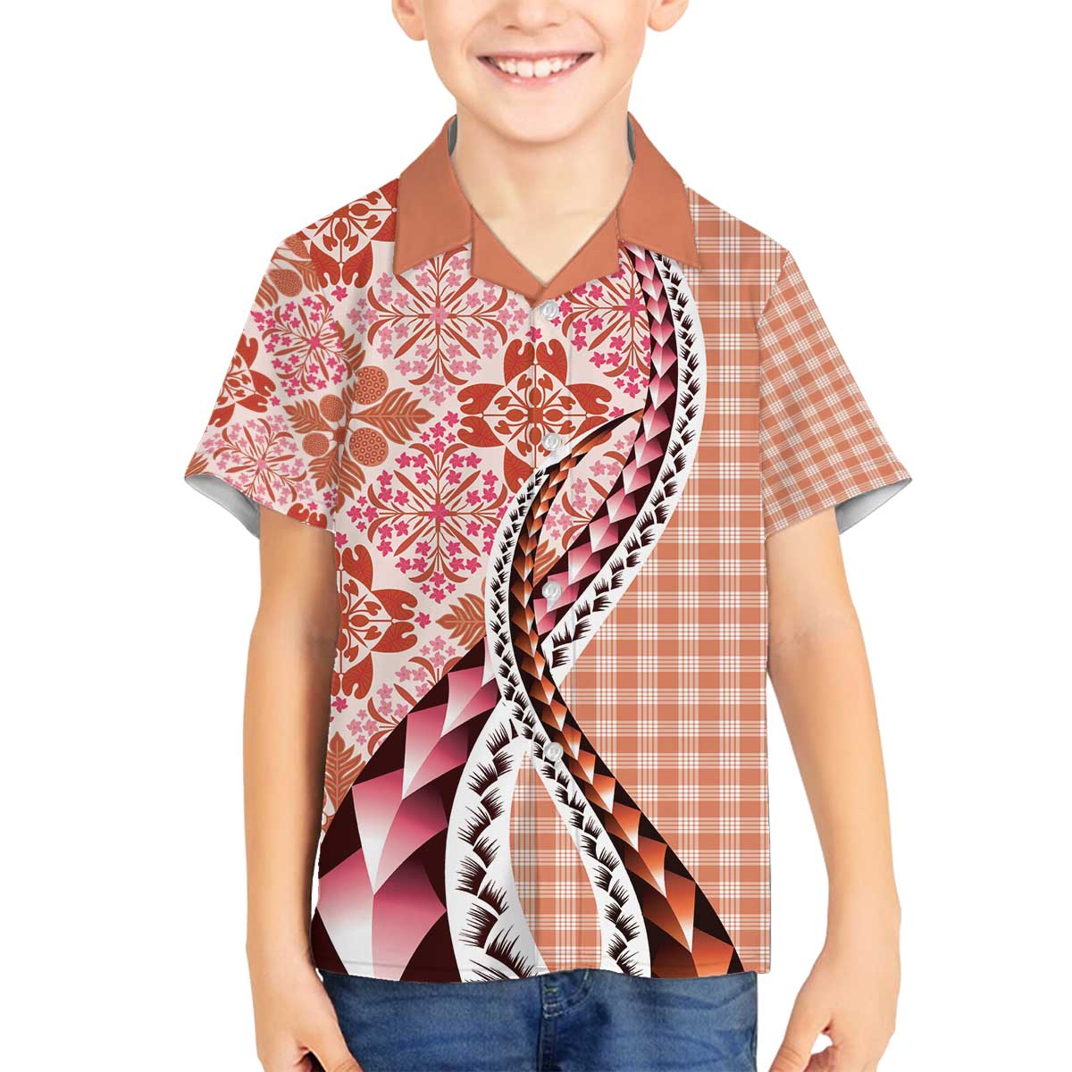 Aloha Vintage Palaka Floral Hawaiian Quilt Family Matching Off The Shoulder Long Sleeve Dress and Hawaiian Shirt Ulaula Motif - Polynesian Pride