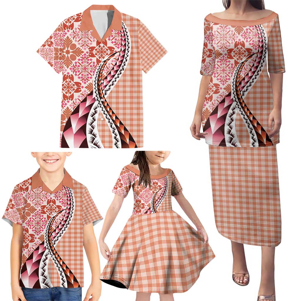 Aloha Vintage Palaka Floral Hawaiian Quilt Family Matching Puletasi and Hawaiian Shirt Ulaula Motif - Polynesian Pride