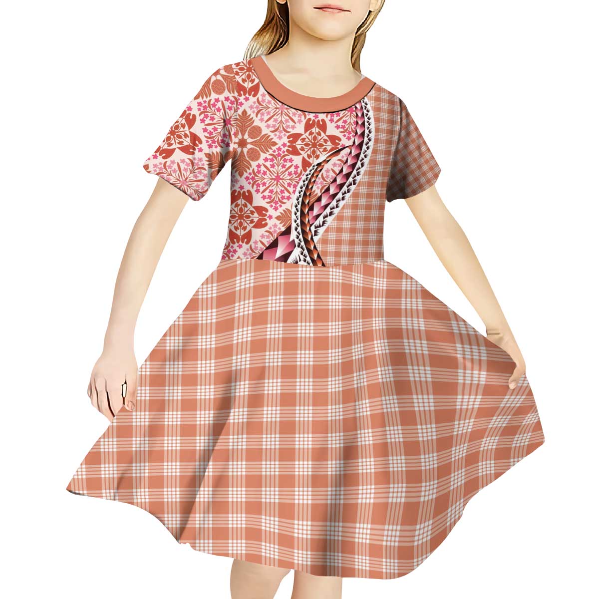 Aloha Vintage Palaka Floral Hawaiian Quilt Kid Short Sleeve Dress Ulaula Motif - Polynesian Pride