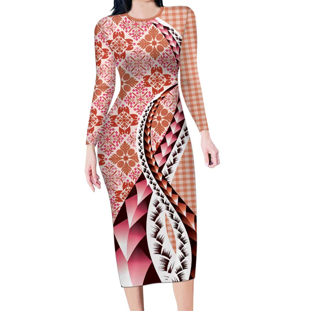 Aloha Vintage Palaka Floral Hawaiian Quilt Long Sleeve Bodycon Dress Ulaula Motif - Polynesian Pride