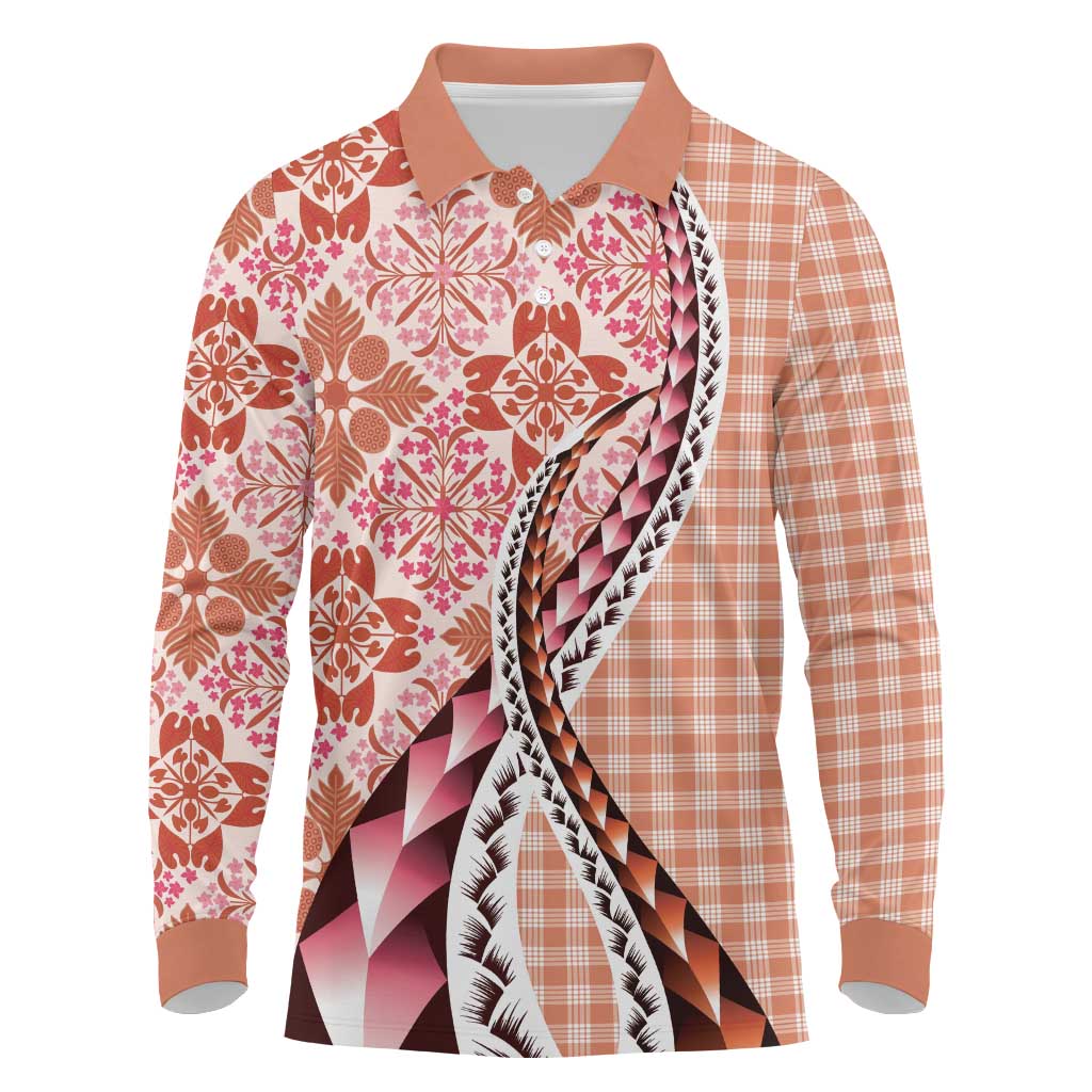 Aloha Vintage Palaka Floral Hawaiian Quilt Long Sleeve Polo Shirt Ulaula Motif - Polynesian Pride