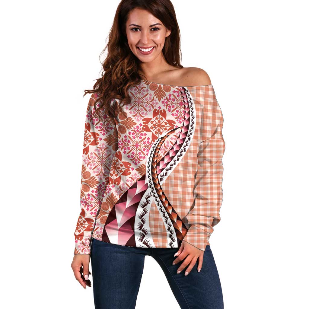 Aloha Vintage Palaka Floral Hawaiian Quilt Off Shoulder Sweater Ulaula Motif - Polynesian Pride