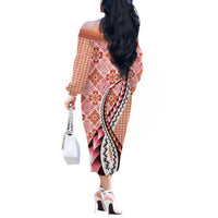 Aloha Vintage Palaka Floral Hawaiian Quilt Off The Shoulder Long Sleeve Dress Ulaula Motif - Polynesian Pride