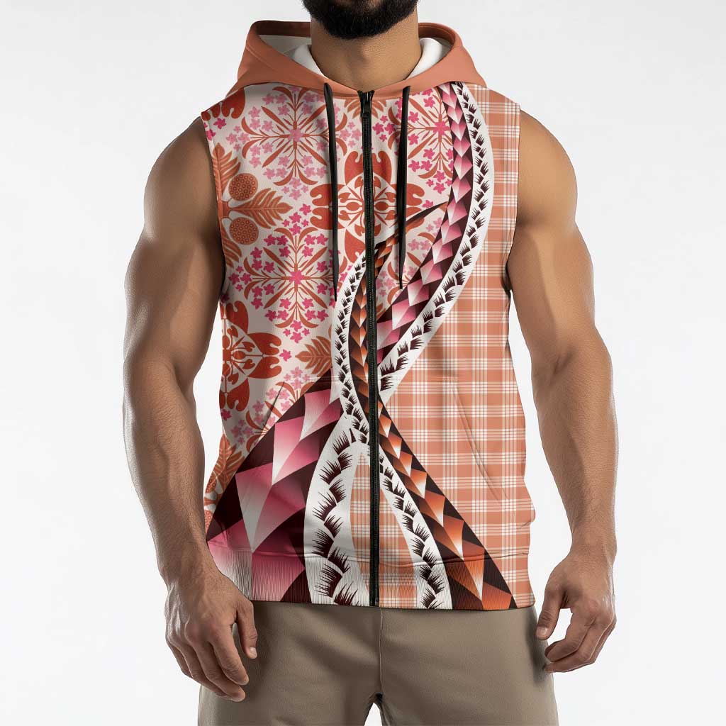 Aloha Vintage Palaka Floral Hawaiian Quilt Sleeveless Zip Hoodie Ulaula Motif LT9 - Polynesian Pride