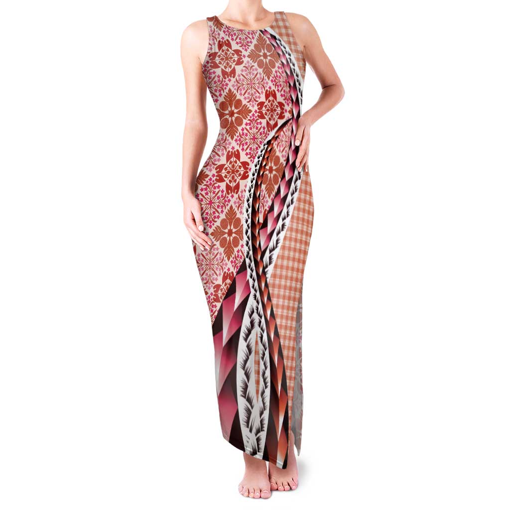 Aloha Vintage Palaka Floral Hawaiian Quilt Tank Maxi Dress Ulaula Motif - Polynesian Pride