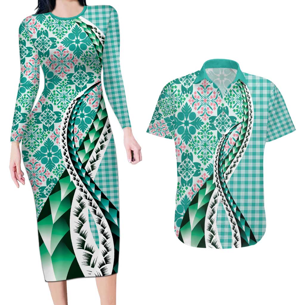 Aloha Vintage Palaka Floral Hawaiian Quilt Couples Matching Long Sleeve Bodycon Dress and Hawaiian Shirt Polu Motif - Polynesian Pride