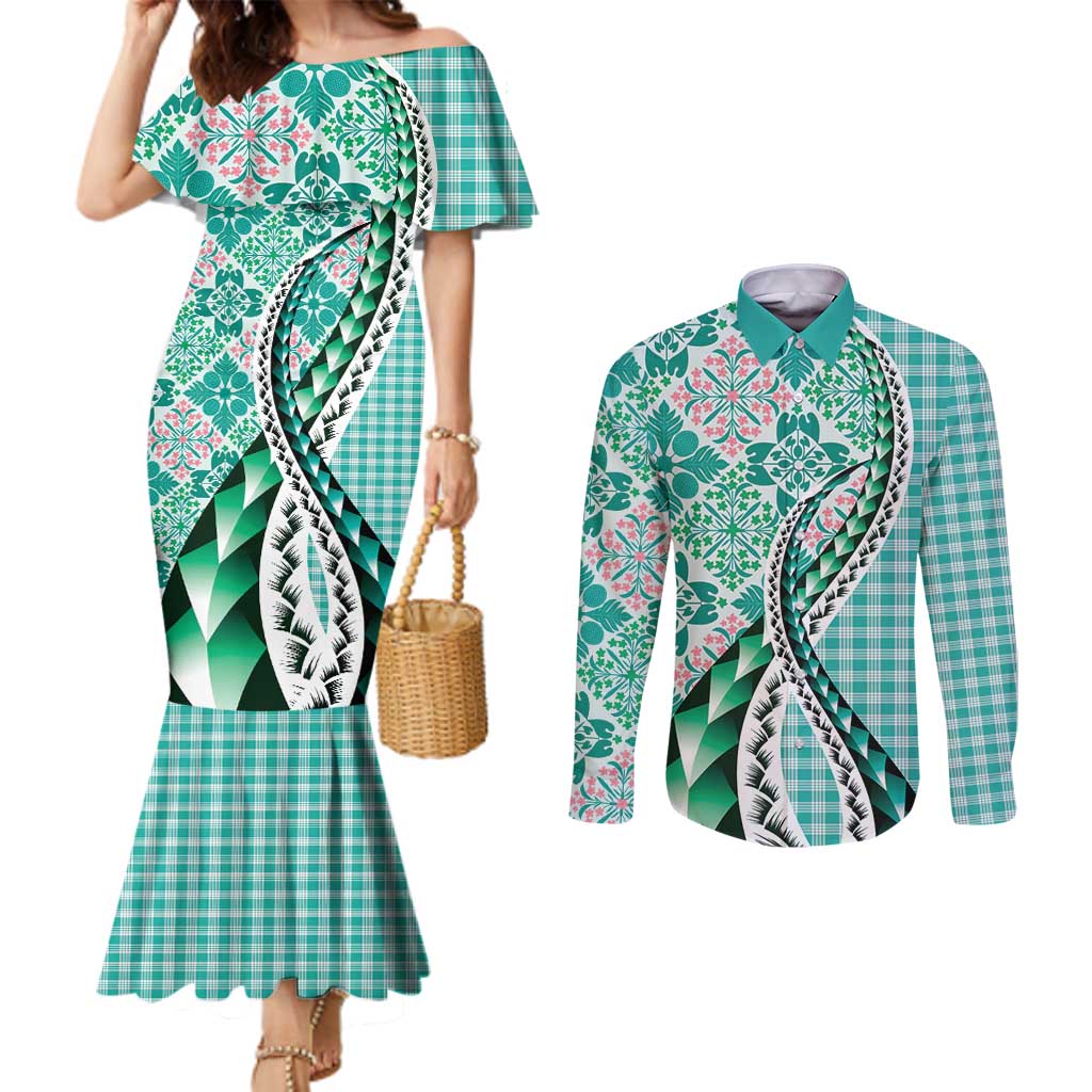 Aloha Vintage Palaka Floral Hawaiian Quilt Couples Matching Mermaid Dress and Long Sleeve Button Shirt Polu Motif - Polynesian Pride