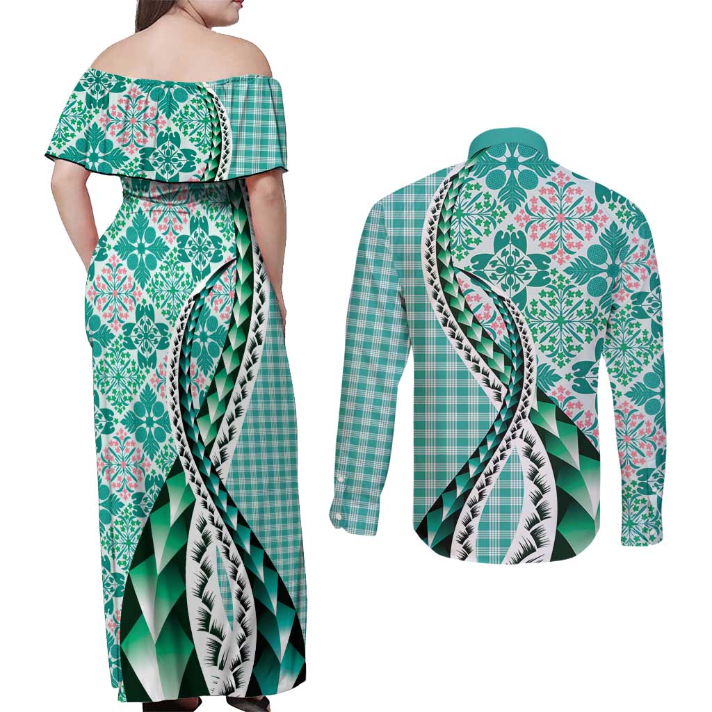 Aloha Vintage Palaka Floral Hawaiian Quilt Couples Matching Off Shoulder Maxi Dress and Long Sleeve Button Shirt Polu Motif - Polynesian Pride