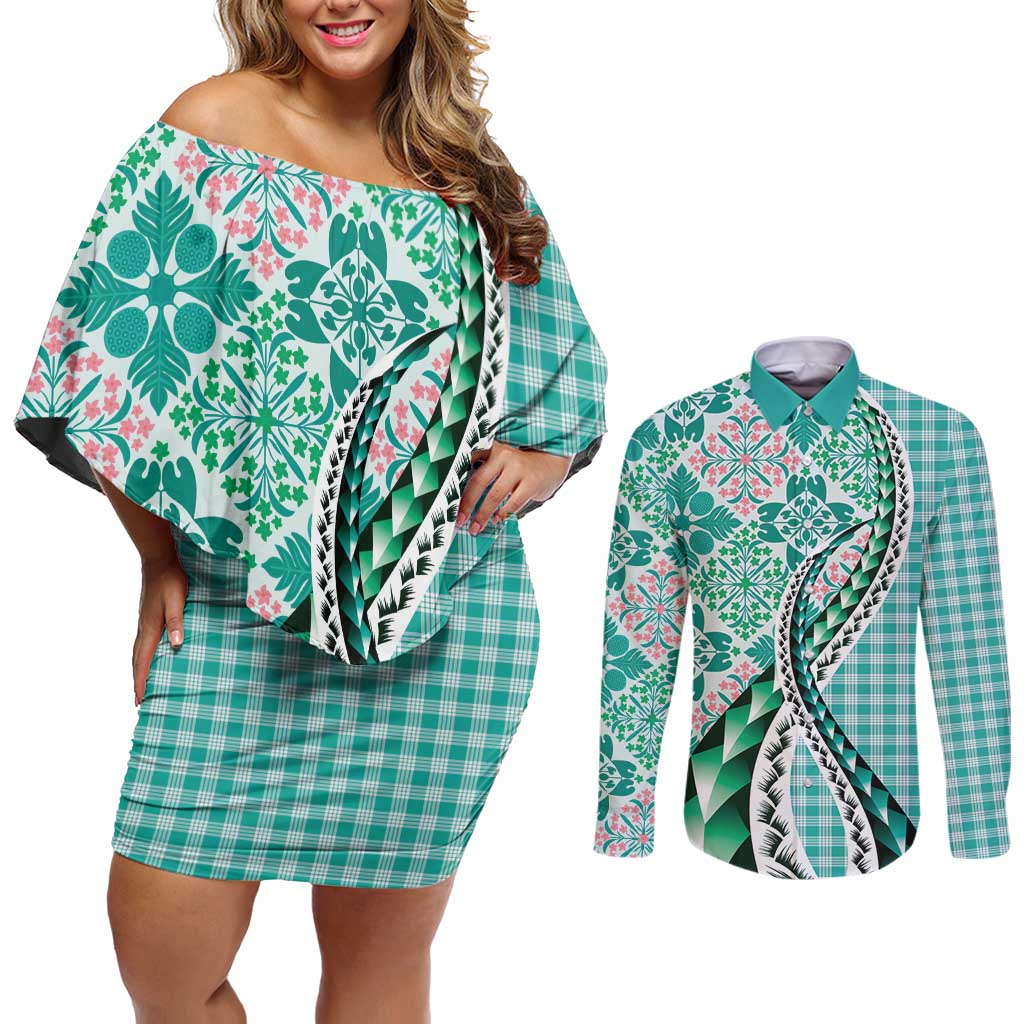 Aloha Vintage Palaka Floral Hawaiian Quilt Couples Matching Off Shoulder Short Dress and Long Sleeve Button Shirt Polu Motif - Polynesian Pride