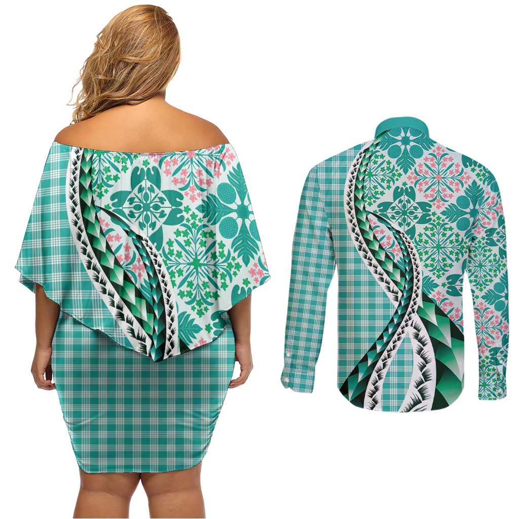 Aloha Vintage Palaka Floral Hawaiian Quilt Couples Matching Off Shoulder Short Dress and Long Sleeve Button Shirt Polu Motif - Polynesian Pride