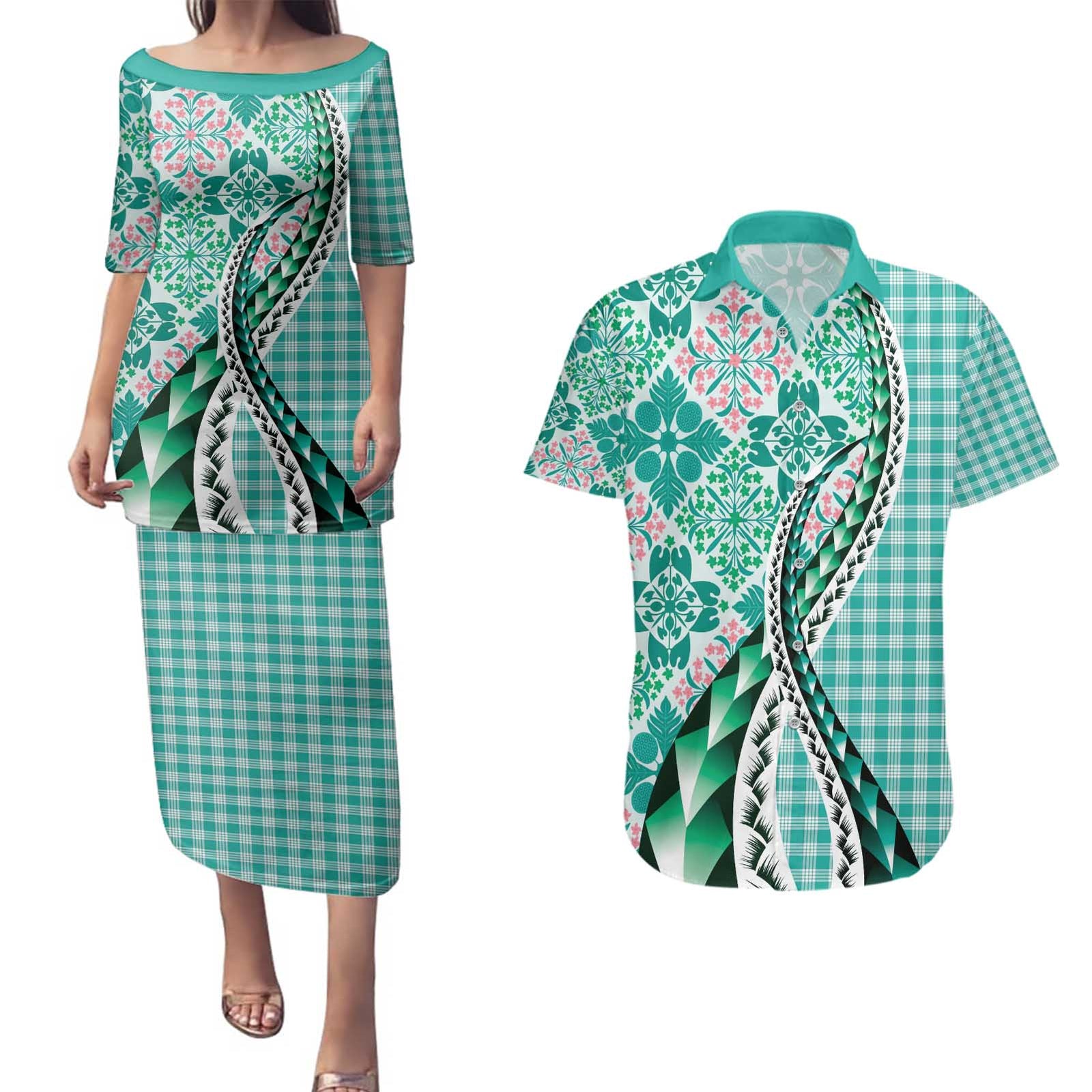 Aloha Vintage Palaka Floral Hawaiian Quilt Couples Matching Puletasi and Hawaiian Shirt Polu Motif - Polynesian Pride