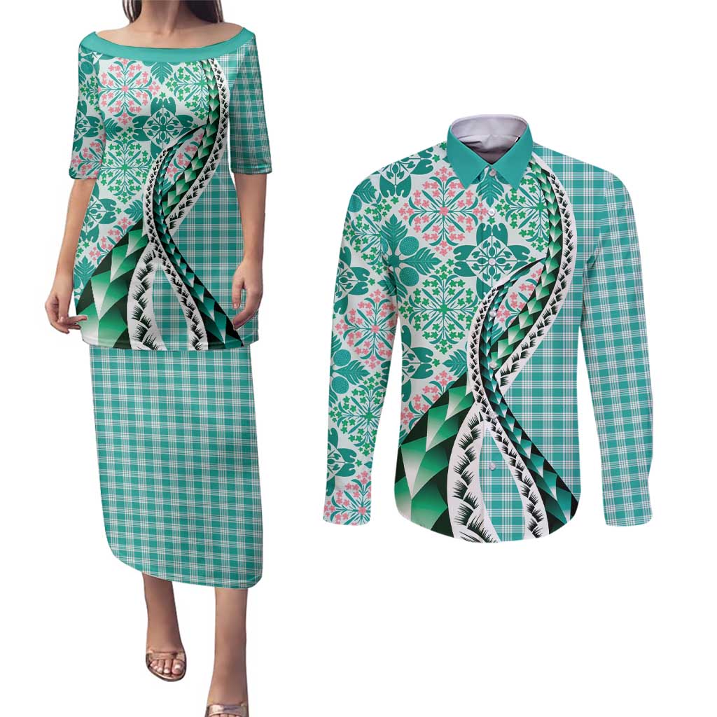 Aloha Vintage Palaka Floral Hawaiian Quilt Couples Matching Puletasi and Long Sleeve Button Shirt Polu Motif - Polynesian Pride