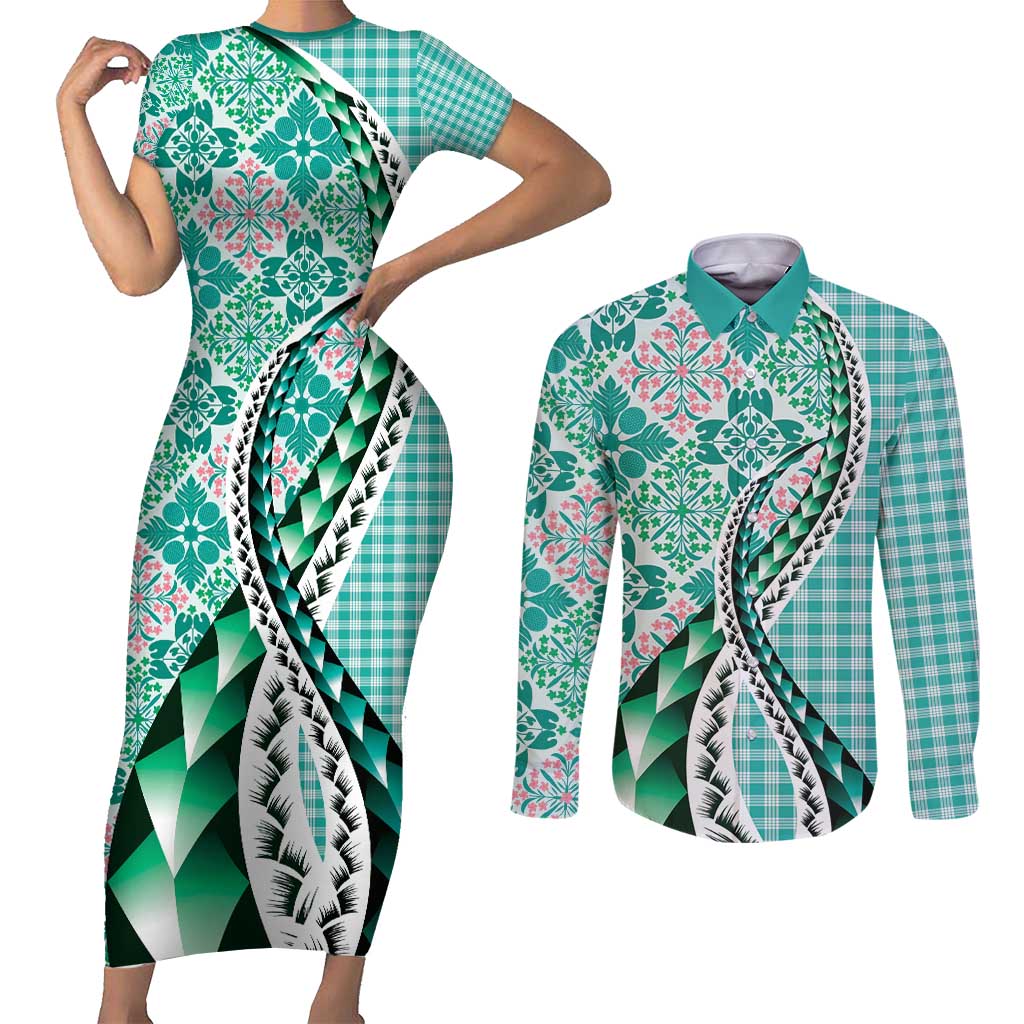 Aloha Vintage Palaka Floral Hawaiian Quilt Couples Matching Short Sleeve Bodycon Dress and Long Sleeve Button Shirt Polu Motif - Polynesian Pride