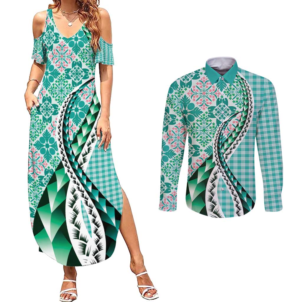 Aloha Vintage Palaka Floral Hawaiian Quilt Couples Matching Summer Maxi Dress and Long Sleeve Button Shirt Polu Motif - Polynesian Pride