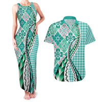 Aloha Vintage Palaka Floral Hawaiian Quilt Couples Matching Tank Maxi Dress and Hawaiian Shirt Polu Motif - Polynesian Pride