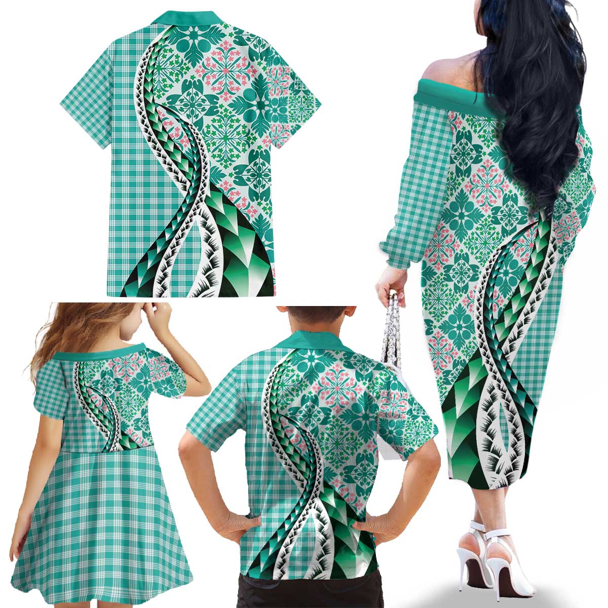 Aloha Vintage Palaka Floral Hawaiian Quilt Family Matching Off The Shoulder Long Sleeve Dress and Hawaiian Shirt Polu Motif - Polynesian Pride