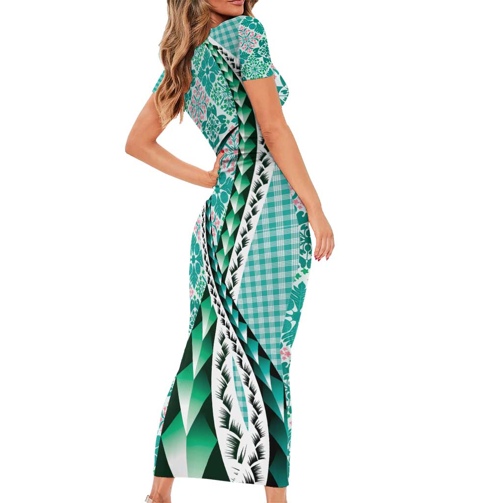 Aloha Vintage Palaka Floral Hawaiian Quilt Family Matching Short Sleeve Bodycon Dress and Hawaiian Shirt Polu Motif - Polynesian Pride