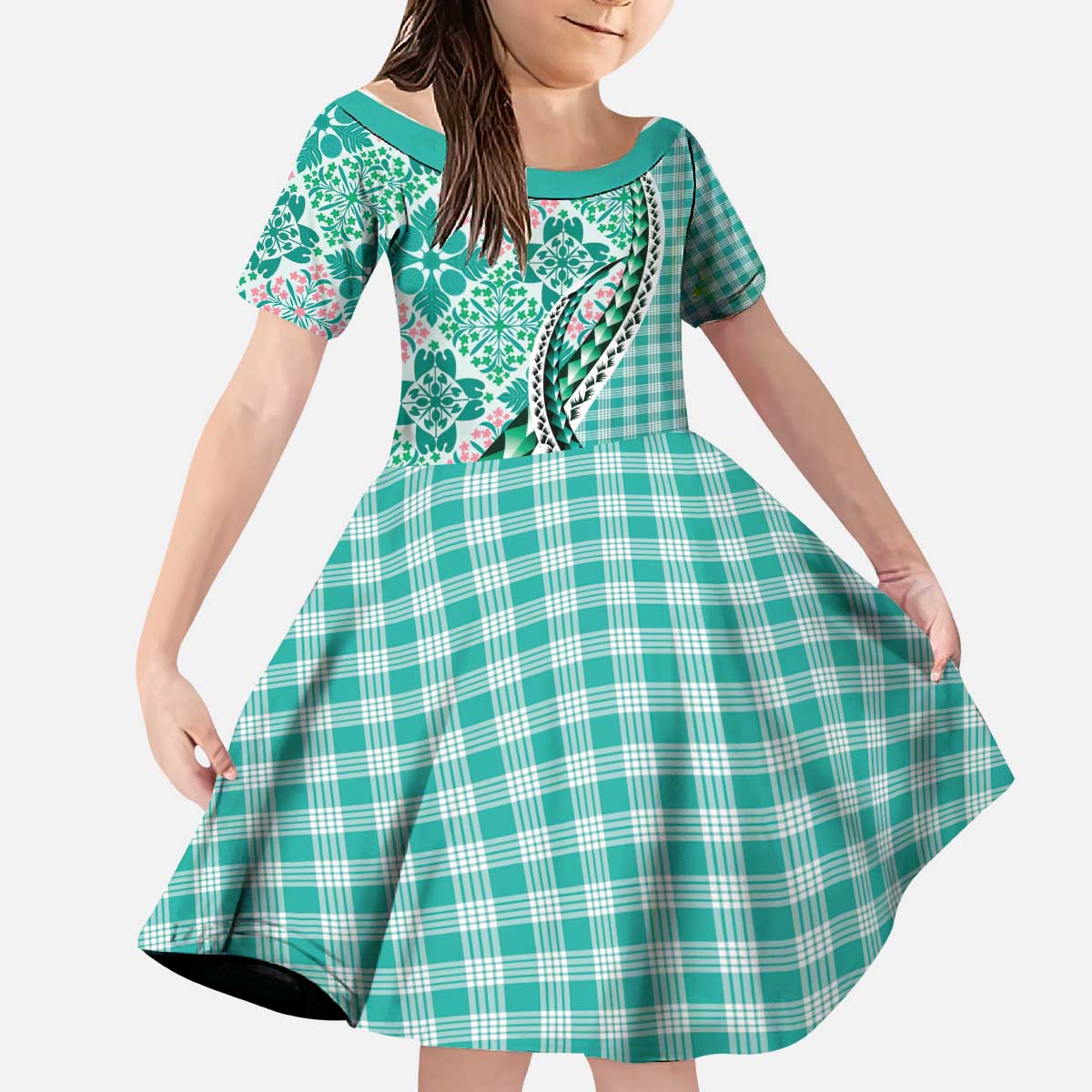 Aloha Vintage Palaka Floral Hawaiian Quilt Kid Short Sleeve Dress Polu Motif - Polynesian Pride