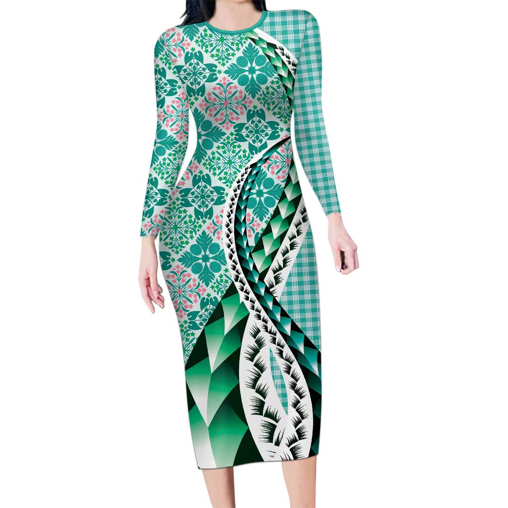 Aloha Vintage Palaka Floral Hawaiian Quilt Long Sleeve Bodycon Dress Polu Motif - Polynesian Pride