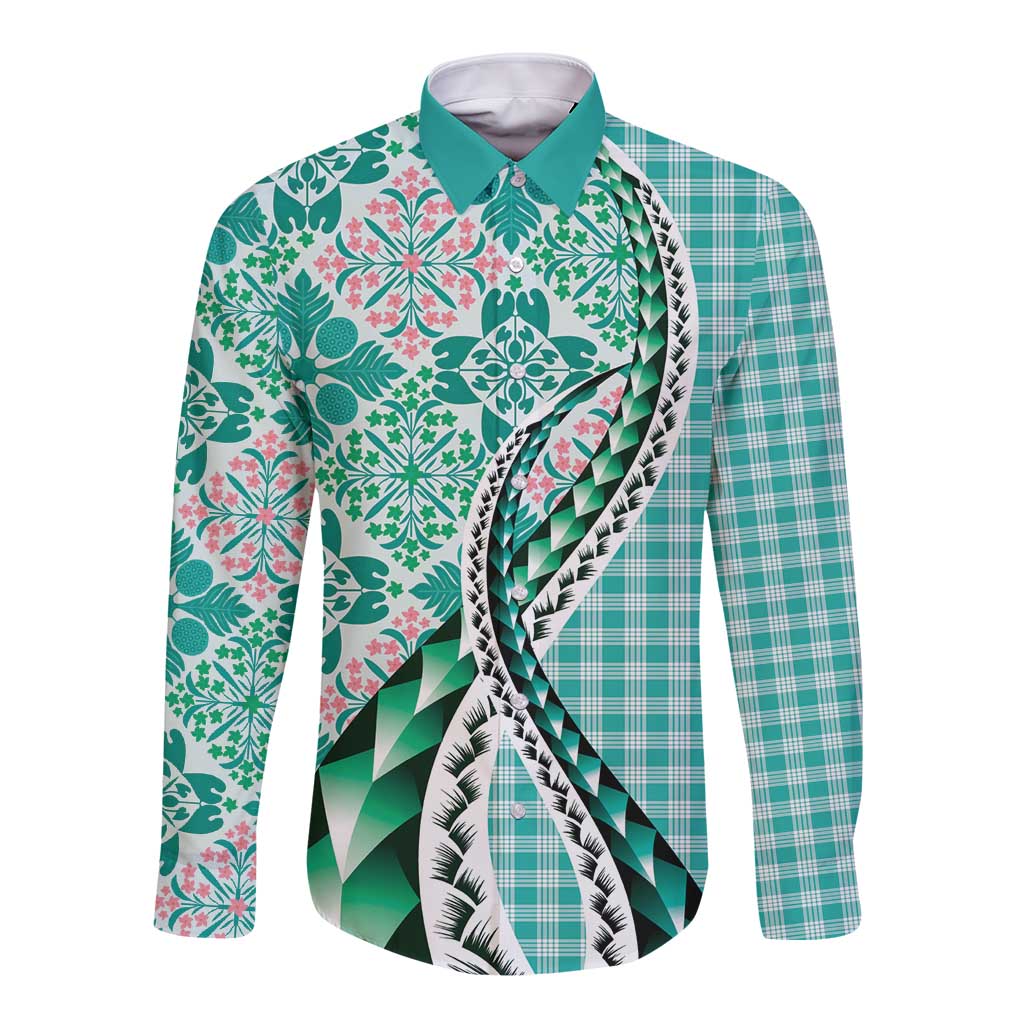 Aloha Vintage Palaka Floral Hawaiian Quilt Long Sleeve Button Shirt Polu Motif - Polynesian Pride