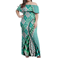 Aloha Vintage Palaka Floral Hawaiian Quilt Off Shoulder Maxi Dress Polu Motif - Polynesian Pride