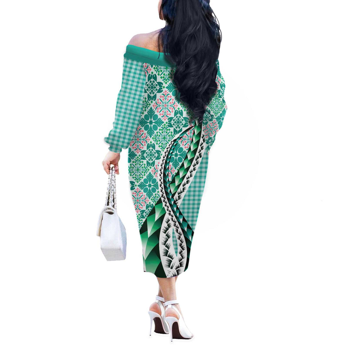 Aloha Vintage Palaka Floral Hawaiian Quilt Off The Shoulder Long Sleeve Dress Polu Motif - Polynesian Pride