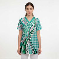 Aloha Vintage Palaka Floral Hawaiian Quilt Scrub Top Polu Motif - Polynesian Pride