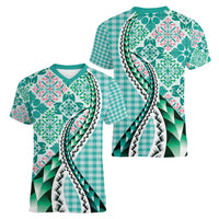 Aloha Vintage Palaka Floral Hawaiian Quilt Women V-Neck T-Shirt Polu Motif - Polynesian Pride