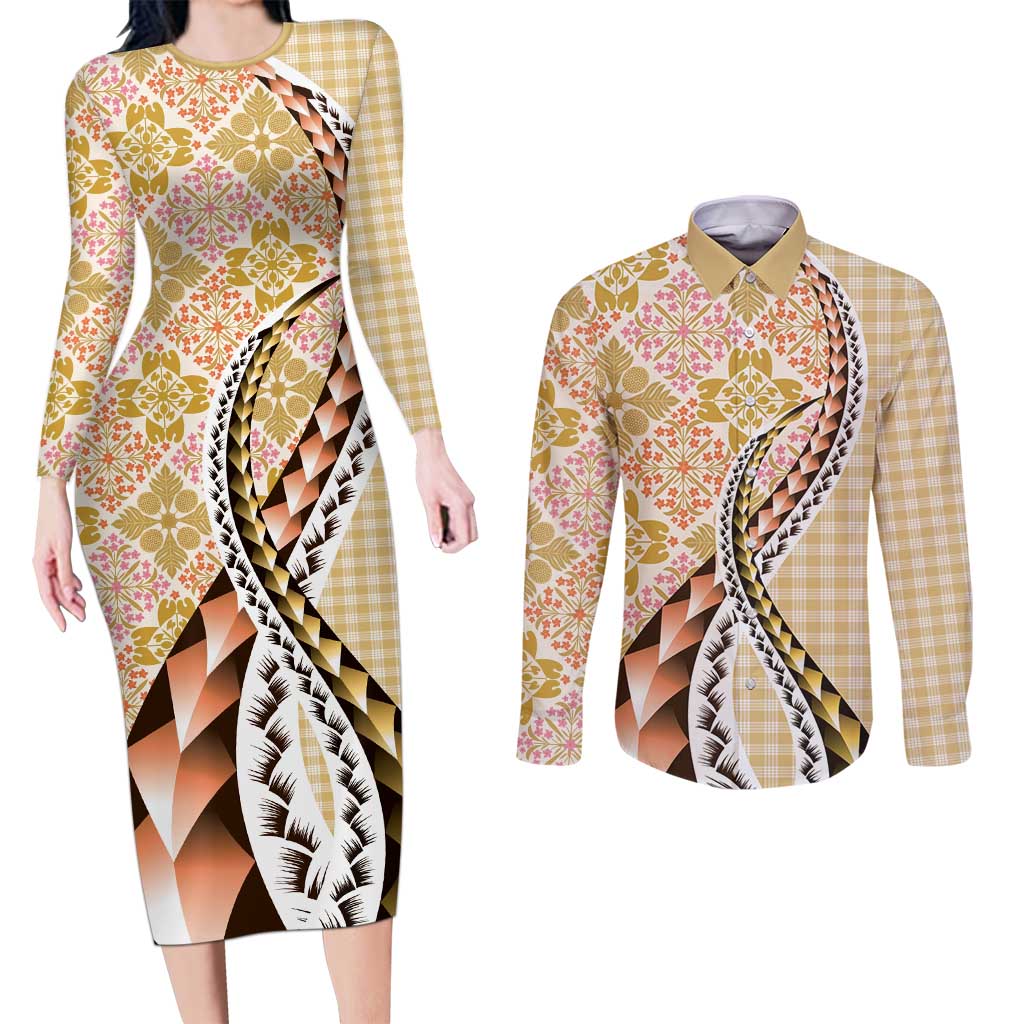 Aloha Vintage Palaka Floral Hawaiian Quilt Couples Matching Long Sleeve Bodycon Dress and Long Sleeve Button Shirt Melemele Motif - Polynesian Pride