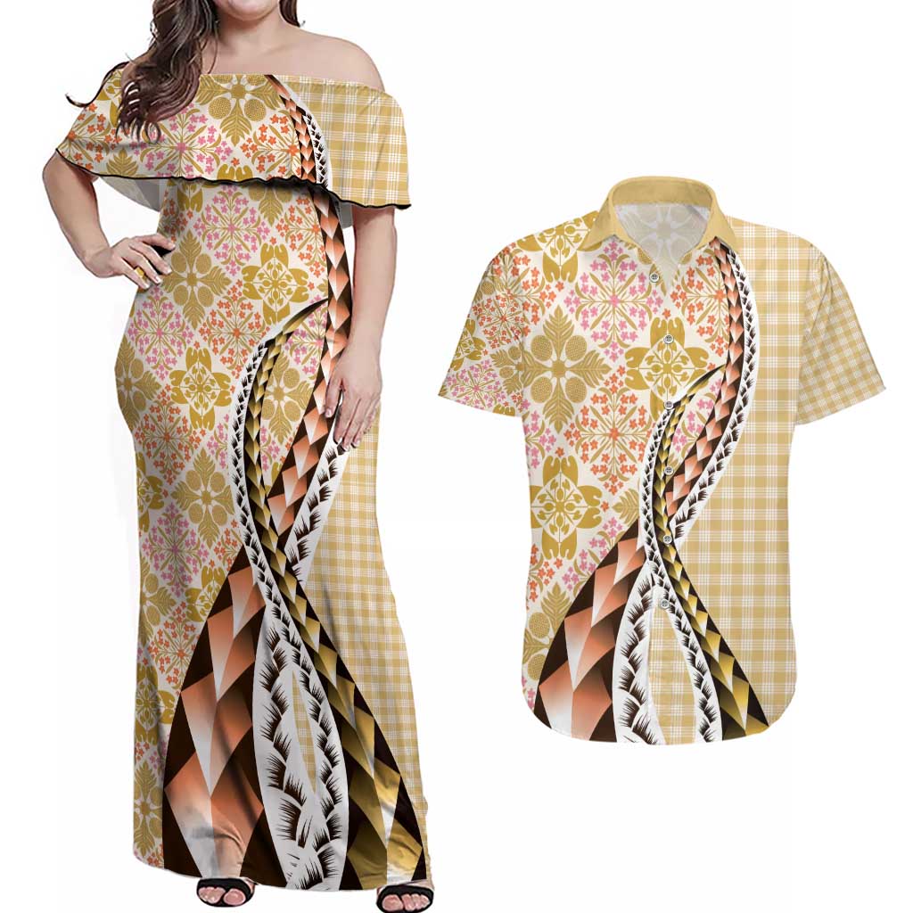 Aloha Vintage Palaka Floral Hawaiian Quilt Couples Matching Off Shoulder Maxi Dress and Hawaiian Shirt Melemele Motif - Polynesian Pride